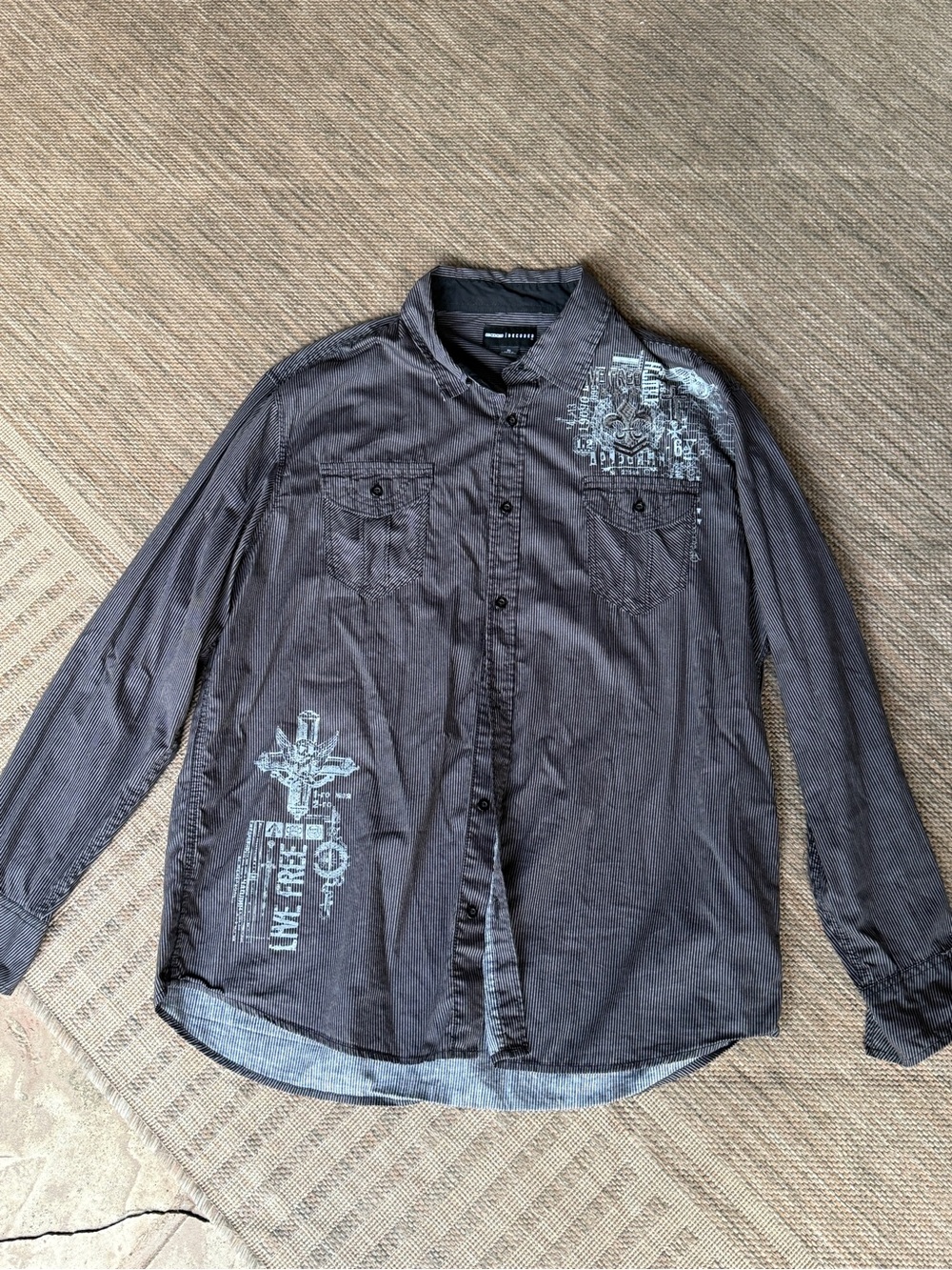Decoded XL Pinstripe Button Front Shirt Fleur De Lis Graphic Y2K Grunge